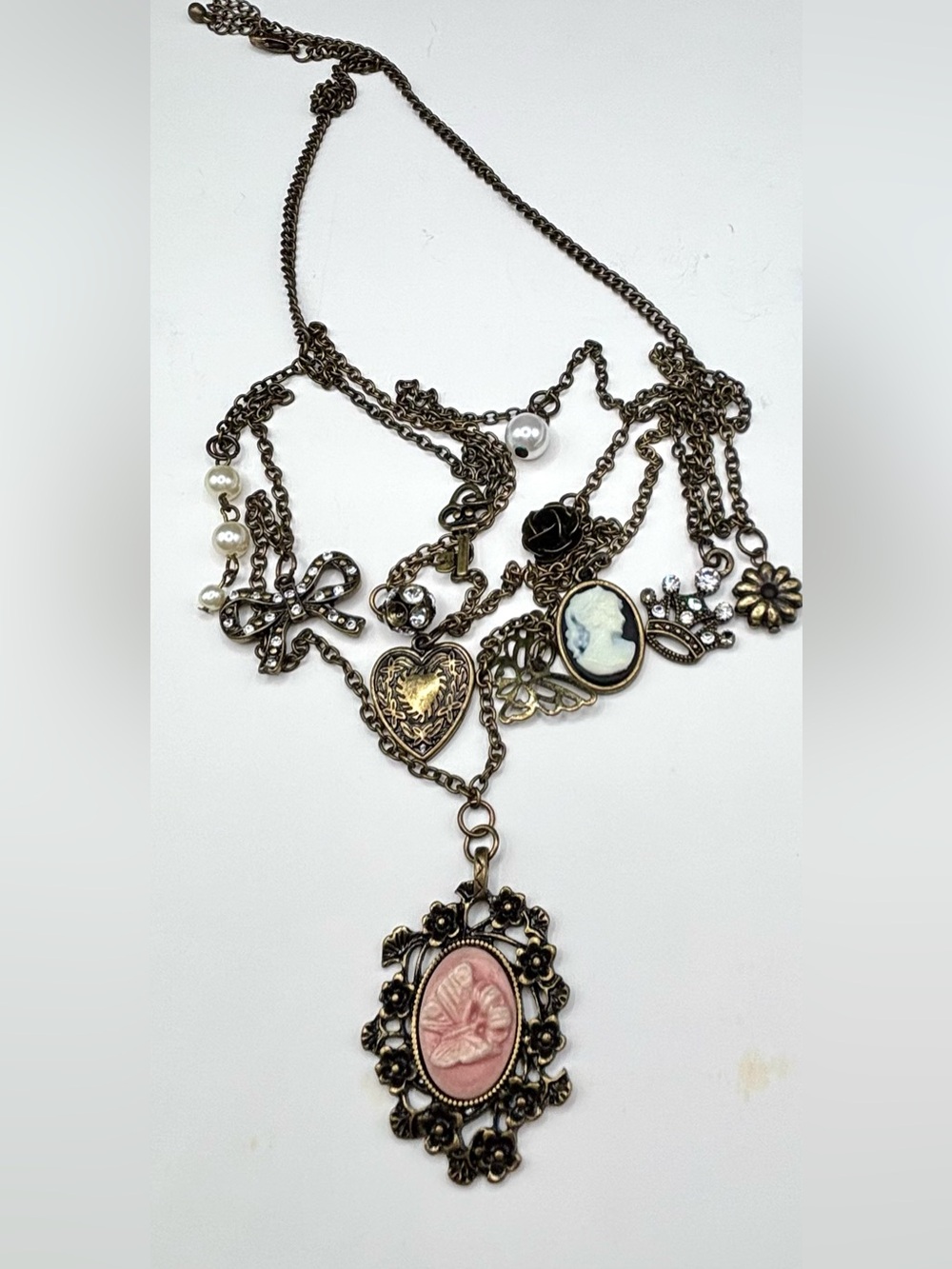 Victorian Revival Cameo Charm Necklace Bronze Whimsigoth Multi Strand Key Crown